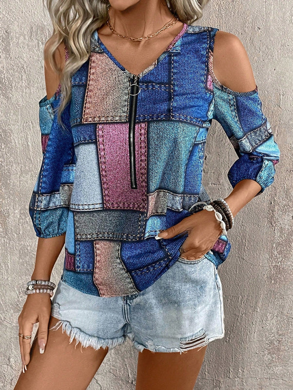 LUNE Blusa informal con hombros descubiertos para mujer con estampado aleatorio para vacaciones de verano