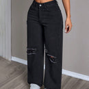 PETITE Jeans casuales sueltos de pierna ancha para mujeres con bolsillos y detalles desgastados