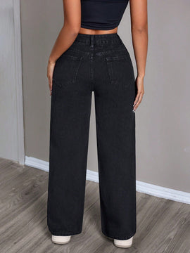 PETITE Jeans casuales sueltos de pierna ancha para mujeres con bolsillos y detalles desgastados