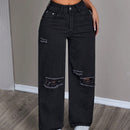 PETITE Jeans casuales sueltos de pierna ancha para mujeres con bolsillos y detalles desgastados