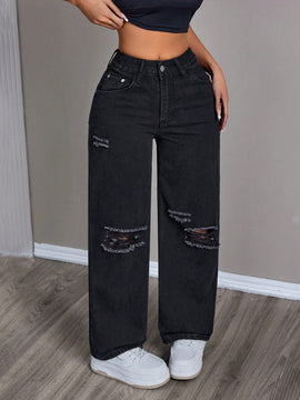 PETITE Jeans casuales sueltos de pierna ancha para mujeres con bolsillos y detalles desgastados