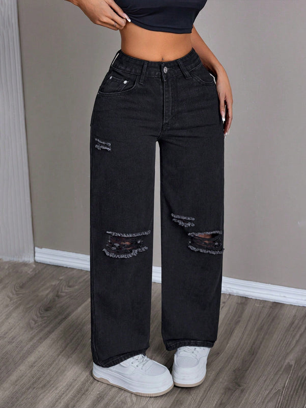 PETITE Jeans casuales sueltos de pierna ancha para mujeres con bolsillos y detalles desgastados