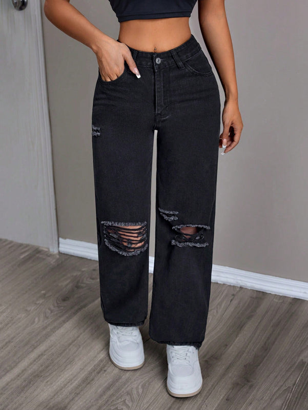 PETITE Jeans casuales sueltos de pierna ancha para mujeres con bolsillos y detalles desgastados
