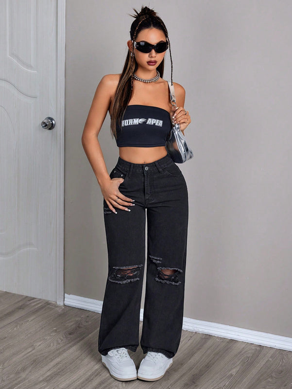 PETITE Jeans casuales sueltos de pierna ancha para mujeres con bolsillos y detalles desgastados