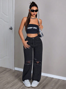 PETITE Jeans casuales sueltos de pierna ancha para mujeres con bolsillos y detalles desgastados