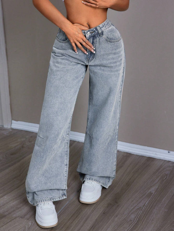 EZwear Jeans para mujer de talle bajo con cierre de cremallera y color liso
