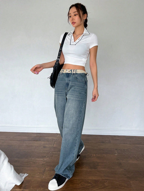 DAZY Pantalones Jeans holgados de pierna ancha con bolsillos para mujeres para uso diario y casual
