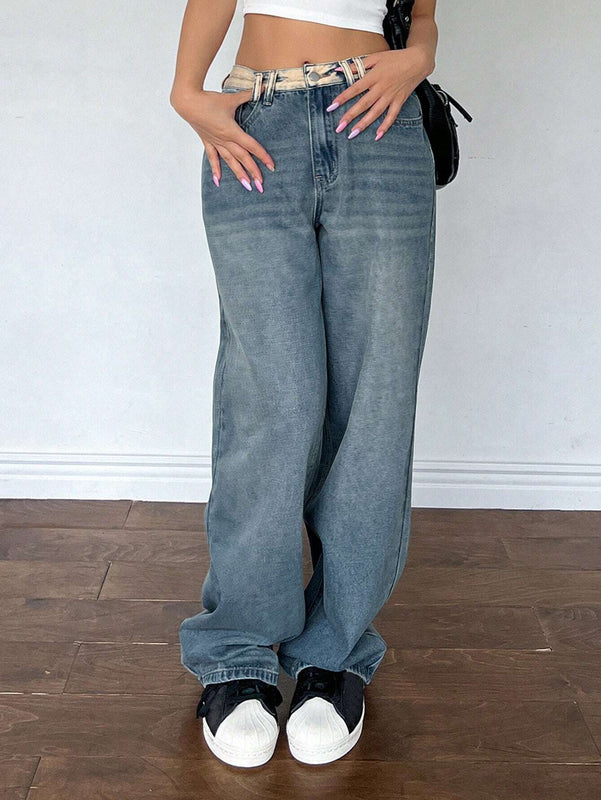 DAZY Pantalones Jeans holgados de pierna ancha con bolsillos para mujeres para uso diario y casual
