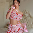 Conjunto de lenceria para mujer, Bralette estampado de fresas con decoracion de lazo y braguitas, inalambrico y sin costuras, 2 piezas