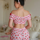 Conjunto de lenceria para mujer, Bralette estampado de fresas con decoracion de lazo y braguitas, inalambrico y sin costuras, 2 piezas