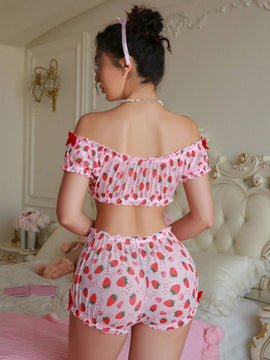 Conjunto de lenceria para mujer, Bralette estampado de fresas con decoracion de lazo y braguitas, inalambrico y sin costuras, 2 piezas