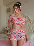 Conjunto de lenceria para mujer, Bralette estampado de fresas con decoracion de lazo y braguitas, inalambrico y sin costuras, 2 piezas