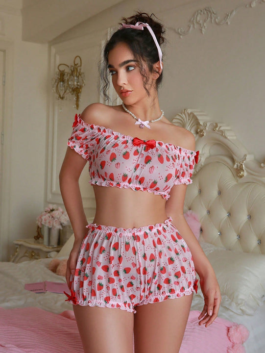 Conjunto de lenceria para mujer, Bralette estampado de fresas con decoracion de lazo y braguitas, inalambrico y sin costuras, 2 piezas