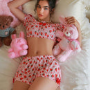 Conjunto de lenceria para mujer, Bralette estampado de fresas con decoracion de lazo y braguitas, inalambrico y sin costuras, 2 piezas