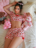 Conjunto de lenceria para mujer, Bralette estampado de fresas con decoracion de lazo y braguitas, inalambrico y sin costuras, 2 piezas