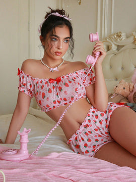 Conjunto de lenceria para mujer, Bralette estampado de fresas con decoracion de lazo y braguitas, inalambrico y sin costuras, 2 piezas