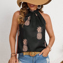 VCAY Blusa sin mangas de verano para mujer con estampado de vidrio plisado