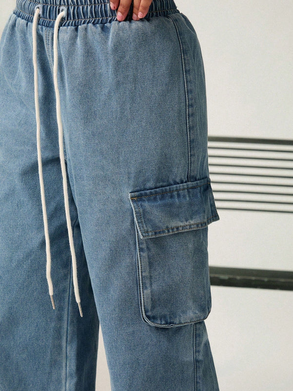Forever 21 Jeans anchos de pierna con cintura elastica de mezclilla azul claro en forma de utility