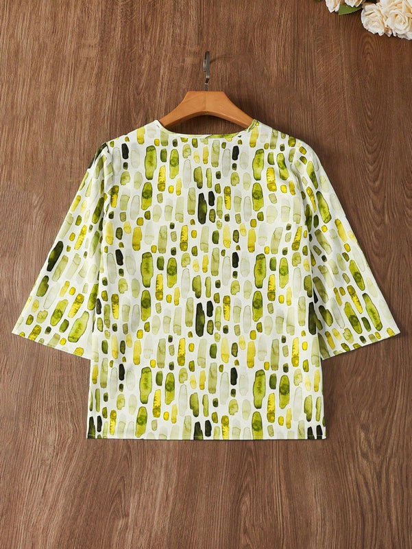 EMERY ROSE Camisa de mujer con cuello en V impresionado y mangas 3/4 para primavera/verano