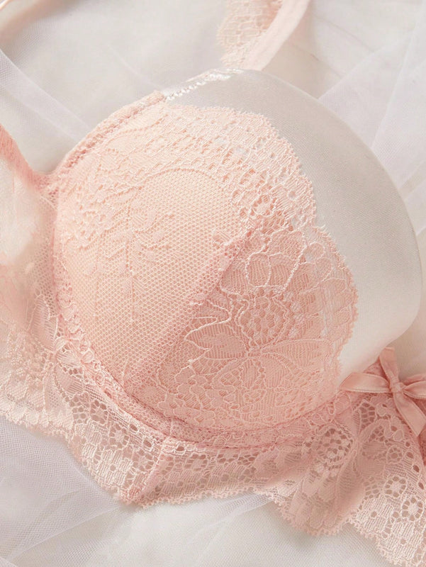 Set de sujetador de encaje con cable y panties con detalles de lazo, 1 pieza/set
