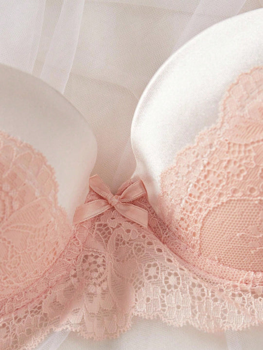 Set de sujetador de encaje con cable y panties con detalles de lazo, 1 pieza/set