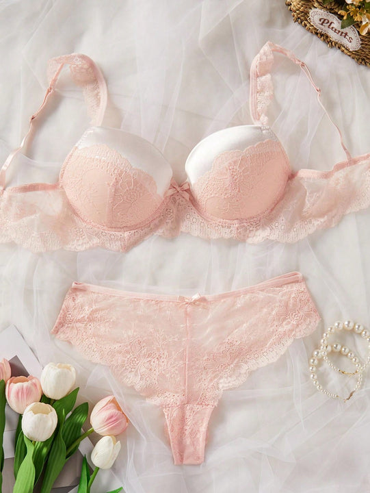 Set de sujetador de encaje con cable y panties con detalles de lazo, 1 pieza/set