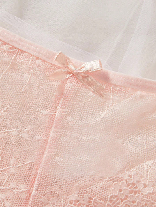 Set de sujetador de encaje con cable y panties con detalles de lazo, 1 pieza/set