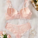 Set de sujetador de encaje con cable y panties con detalles de lazo, 1 pieza/set