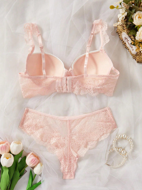 Set de sujetador de encaje con cable y panties con detalles de lazo, 1 pieza/set