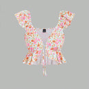 MOD Camisa floral diminuta con nudo delantero y dobladillo con volantes para mujeres en vacaciones
