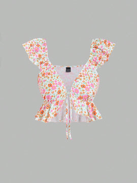MOD Camisa floral diminuta con nudo delantero y dobladillo con volantes para mujeres en vacaciones