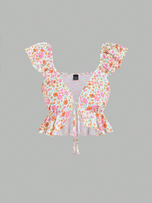 MOD Camisa floral diminuta con nudo delantero y dobladillo con volantes para mujeres en vacaciones