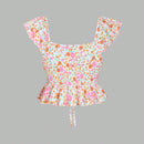 MOD Camisa floral diminuta con nudo delantero y dobladillo con volantes para mujeres en vacaciones