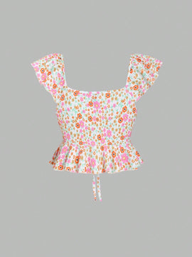 MOD Camisa floral diminuta con nudo delantero y dobladillo con volantes para mujeres en vacaciones