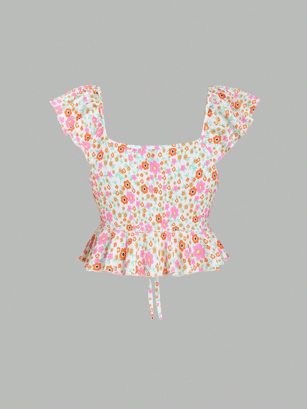 MOD Camisa floral diminuta con nudo delantero y dobladillo con volantes para mujeres en vacaciones