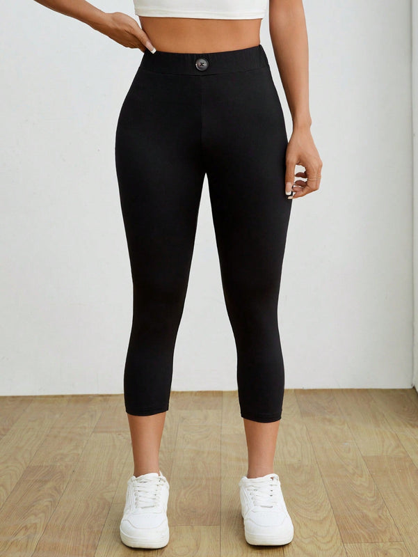 PETITE Mallas negras informales y elasticas para mujeres con detalles de etiqueta en la parte trasera