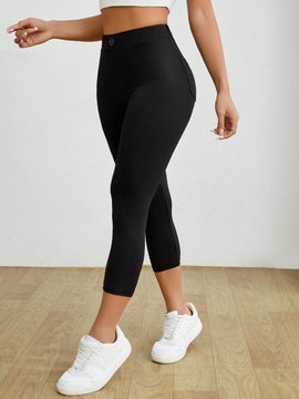 PETITE Mallas negras informales y elasticas para mujeres con detalles de etiqueta en la parte trasera