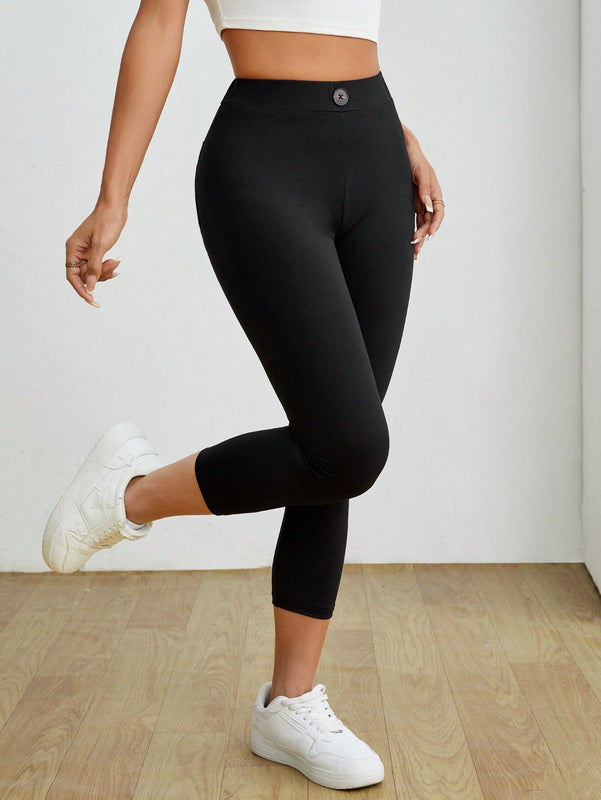 PETITE Mallas negras informales y elasticas para mujeres con detalles de etiqueta en la parte trasera