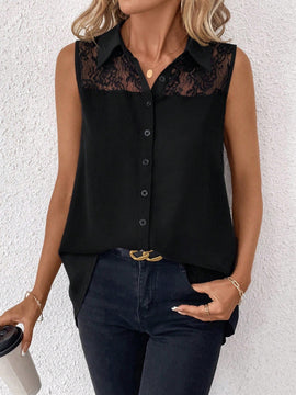 Clasi Blusa informal de verano sin mangas de gasa con parche de encaje en unicolor