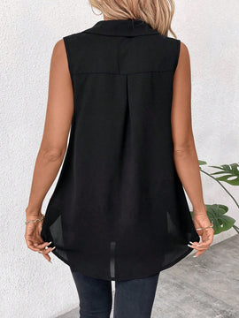 Clasi Blusa informal de verano sin mangas de gasa con parche de encaje en unicolor