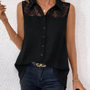 Clasi Blusa informal de verano sin mangas de gasa con parche de encaje en unicolor