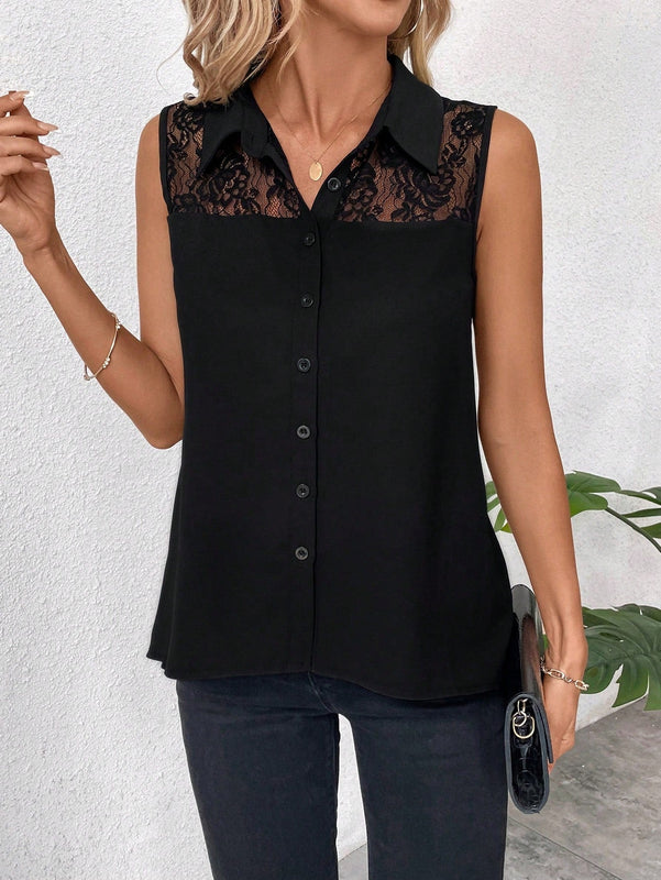 Clasi Blusa informal de verano sin mangas de gasa con parche de encaje en unicolor