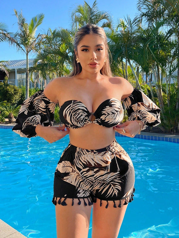 SXY Shorts rectos con borlas y flecos de estilo BOHO para mujer con estampado floral para vacaciones de verano en la playa
