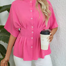 LUNE Blusa elegante de verano para mujer en unicolor con cuello alto, mangas de murcielago y dobladillo con volantes