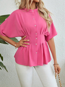 LUNE Blusa elegante de verano para mujer en unicolor con cuello alto, mangas de murcielago y dobladillo con volantes