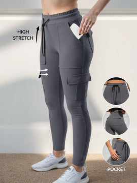 EZwear Pantalones De Carga Ajustados De Punto Gris Para Mujer Con Bolsillos
