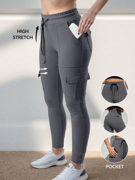 EZwear Pantalones De Carga Ajustados De Punto Gris Para Mujer Con Bolsillos