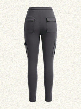 EZwear Pantalones De Carga Ajustados De Punto Gris Para Mujer Con Bolsillos