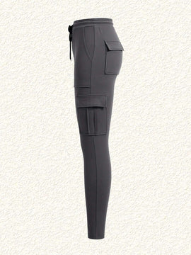 EZwear Pantalones De Carga Ajustados De Punto Gris Para Mujer Con Bolsillos
