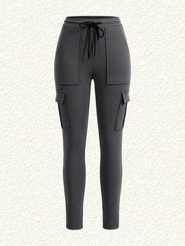 EZwear Pantalones De Carga Ajustados De Punto Gris Para Mujer Con Bolsillos
